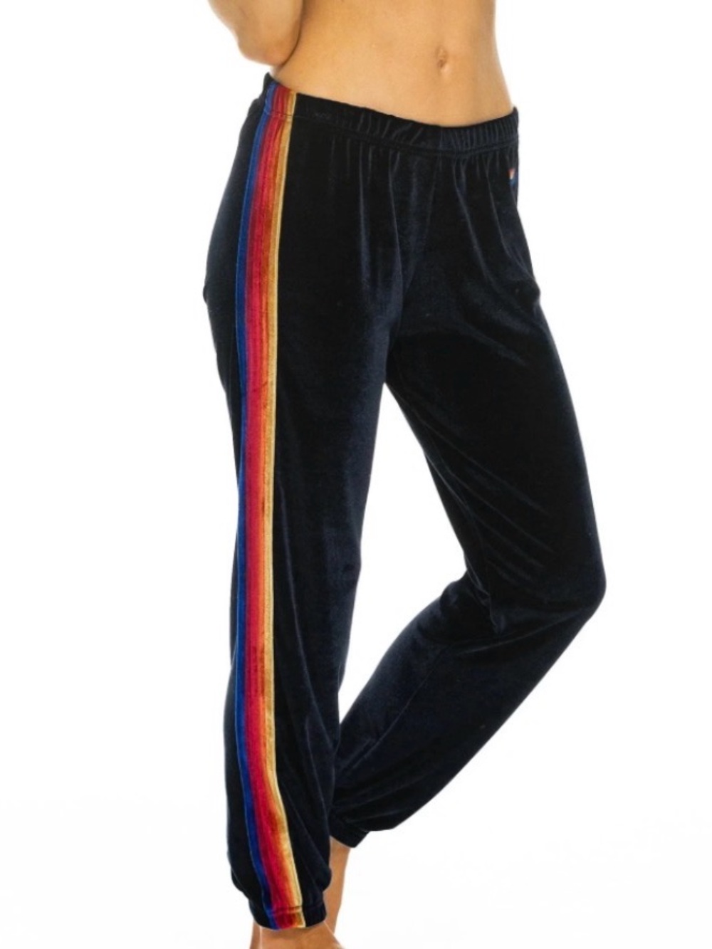 NWOT Aviator Nation Black Velvet Track Pants with Rainbow Side Stripes Size XL